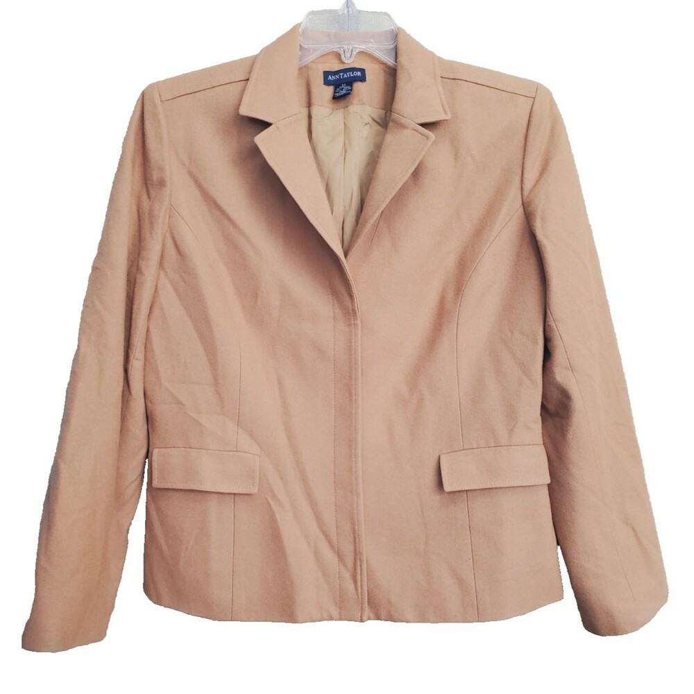Ann Taylor Vintage Camel Wool Blend Hidden Placket Button-Up Blazer Size 12